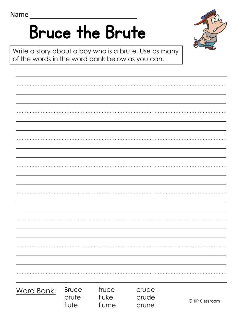 Bruce the Brute writing prompt: students write a story about a boy who is a brute using a nine-word long u word bank