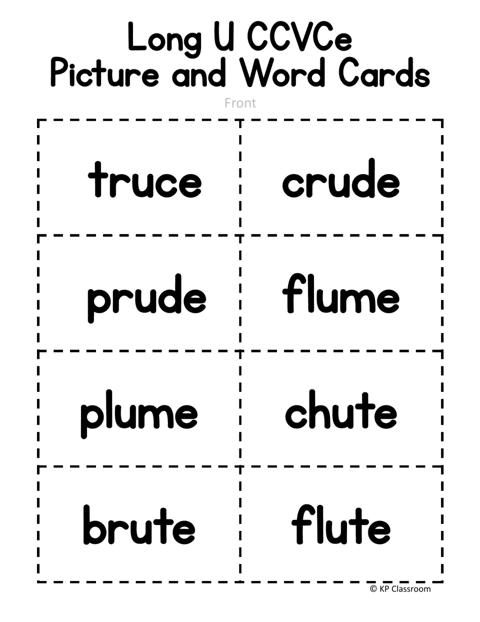 Long U CCVCe picture and word cards, front: eight word cards for truce, crude, prude, flume, plume, chute, brute, flute