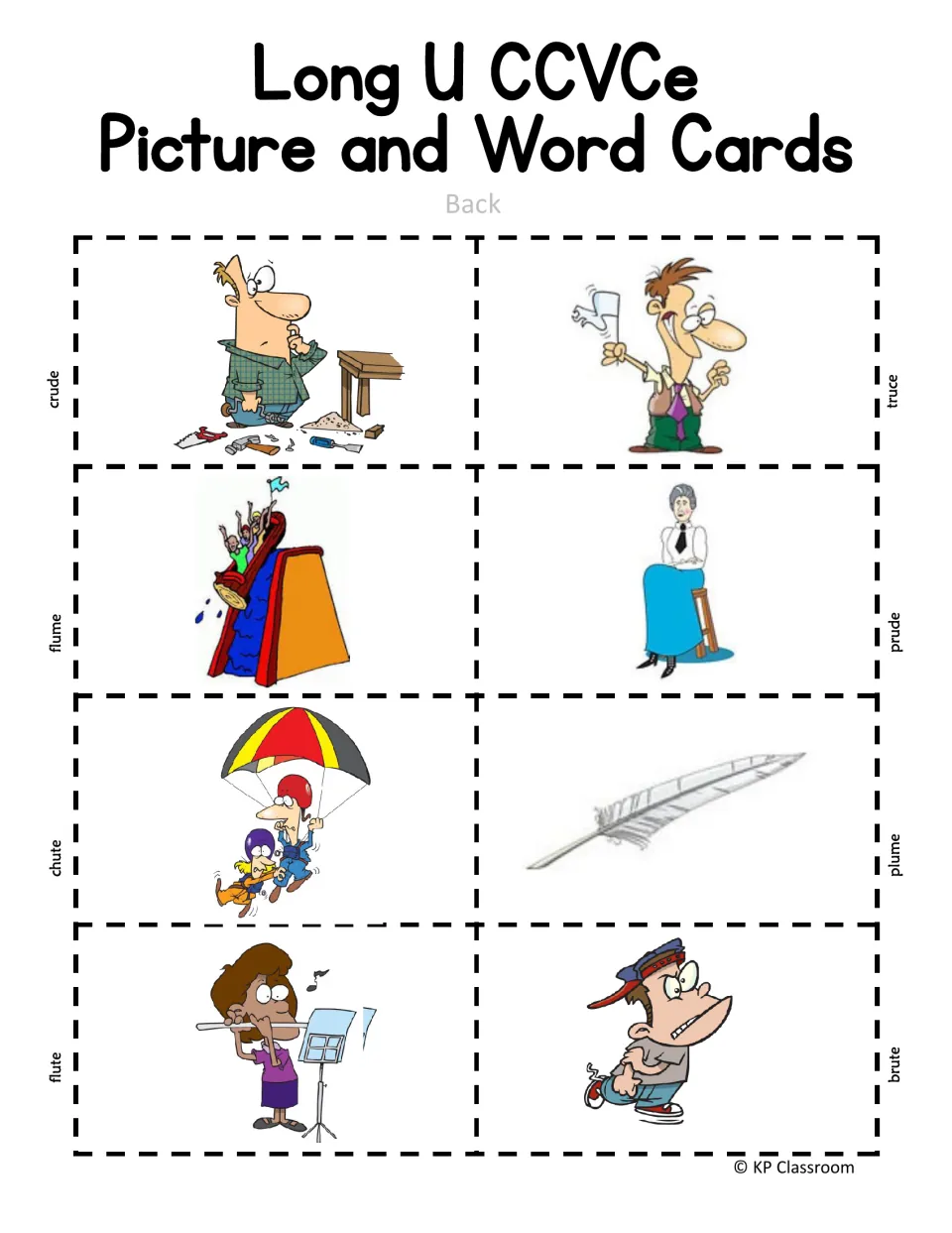 Long U CCVCe picture and word cards, back: eight pictures, such as a parachute, feather and flume ride, each labeled