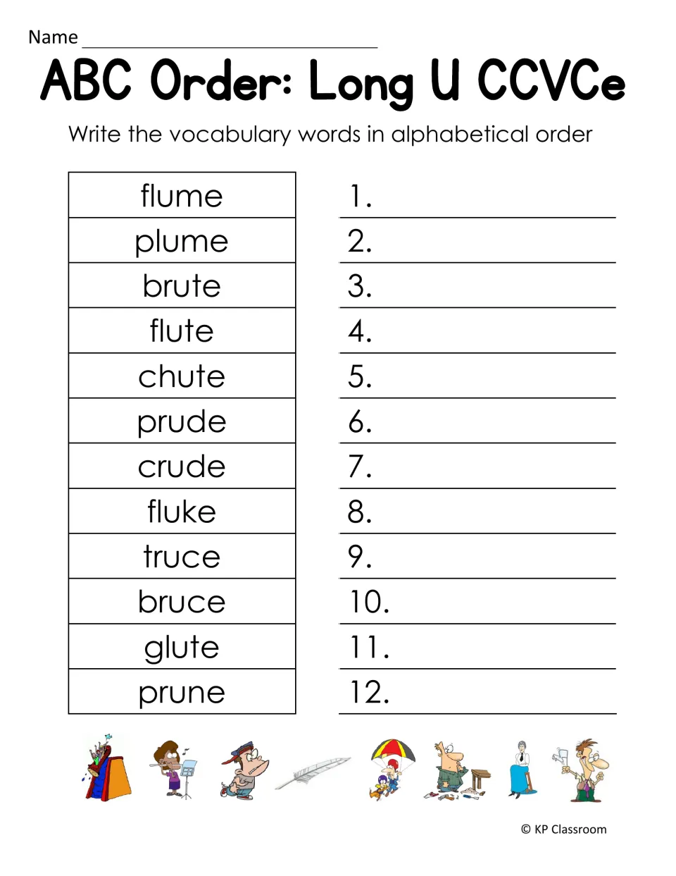 ABC order: students write 12 long u CCVCe words, such as flume, plume, glute and prune, in alphabetical order