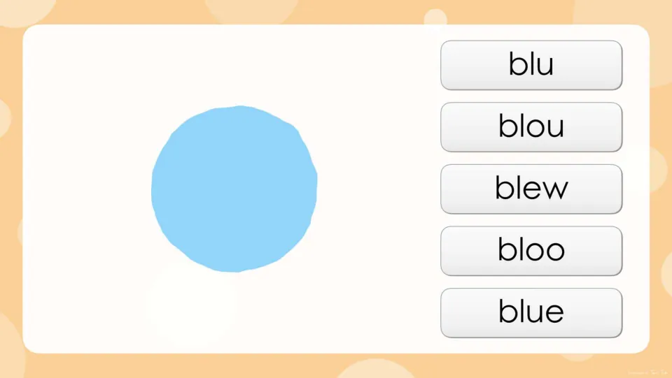 Long u spelling question: a blue circle picture with choices blu, blou, blew, bloo and blue to pick the correct spelling