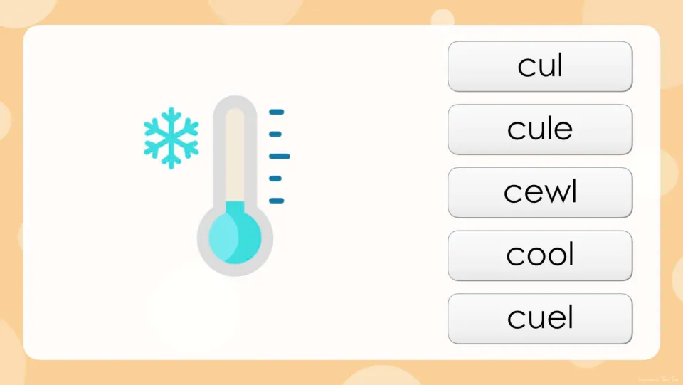 Long u spelling question: a cold thermometer with a snowflake and choices cul, cule, cewl, cool and cuel