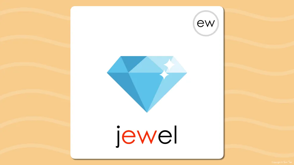 Long u ew flash card revealing the word jewel under the blue gem picture, with the ew spelling highlighted in red