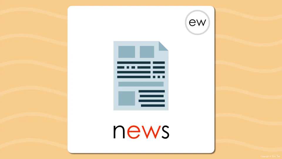 Long u ew flash card revealing the word news below the newspaper picture, with the letters ew shown in red