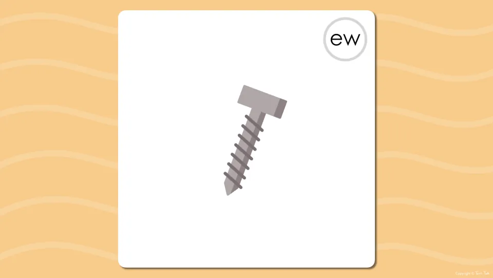Long u ew flash card with a picture of a metal screw and no label, prompting students to name the long u ew word