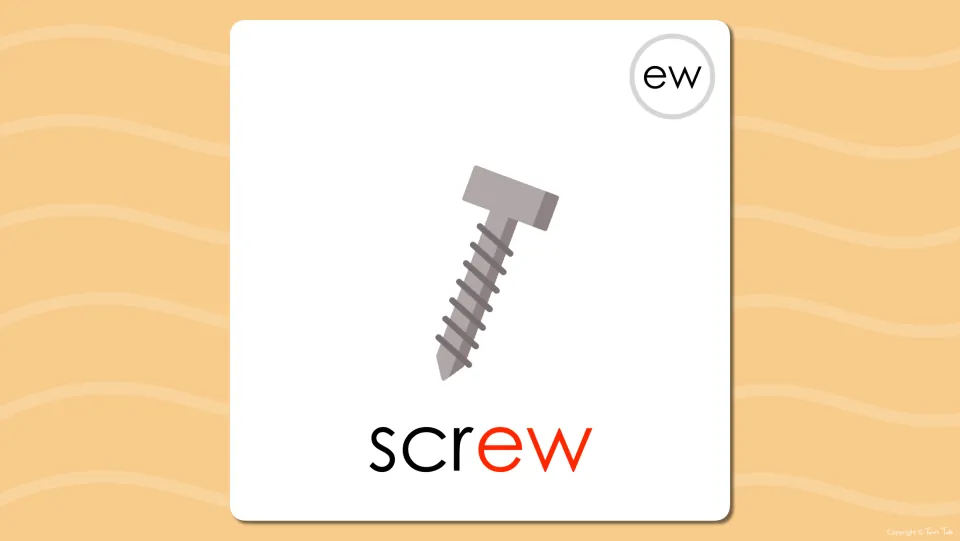 Long u ew flash card revealing the word screw beneath the metal screw picture, with the ew vowel team in red