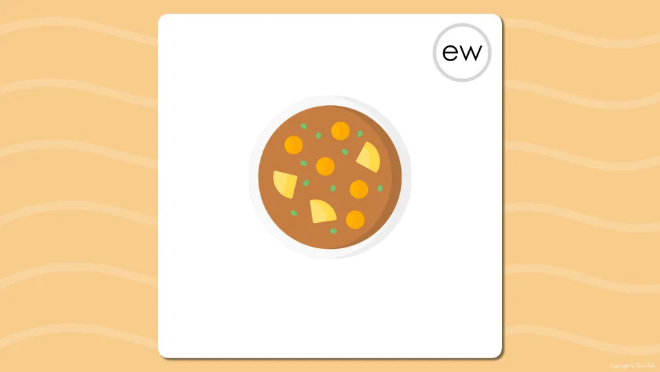 Long u ew flash card picturing a bowl of vegetable stew without its word, so students say the ew word from the image