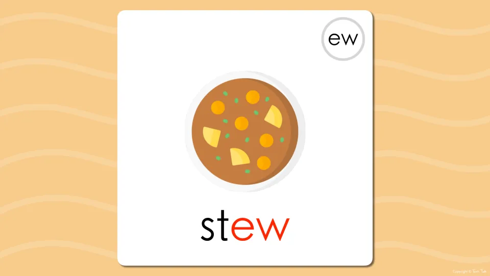 Long u ew flash card revealing the word stew under the bowl of vegetable stew, with the ew spelling marked in red