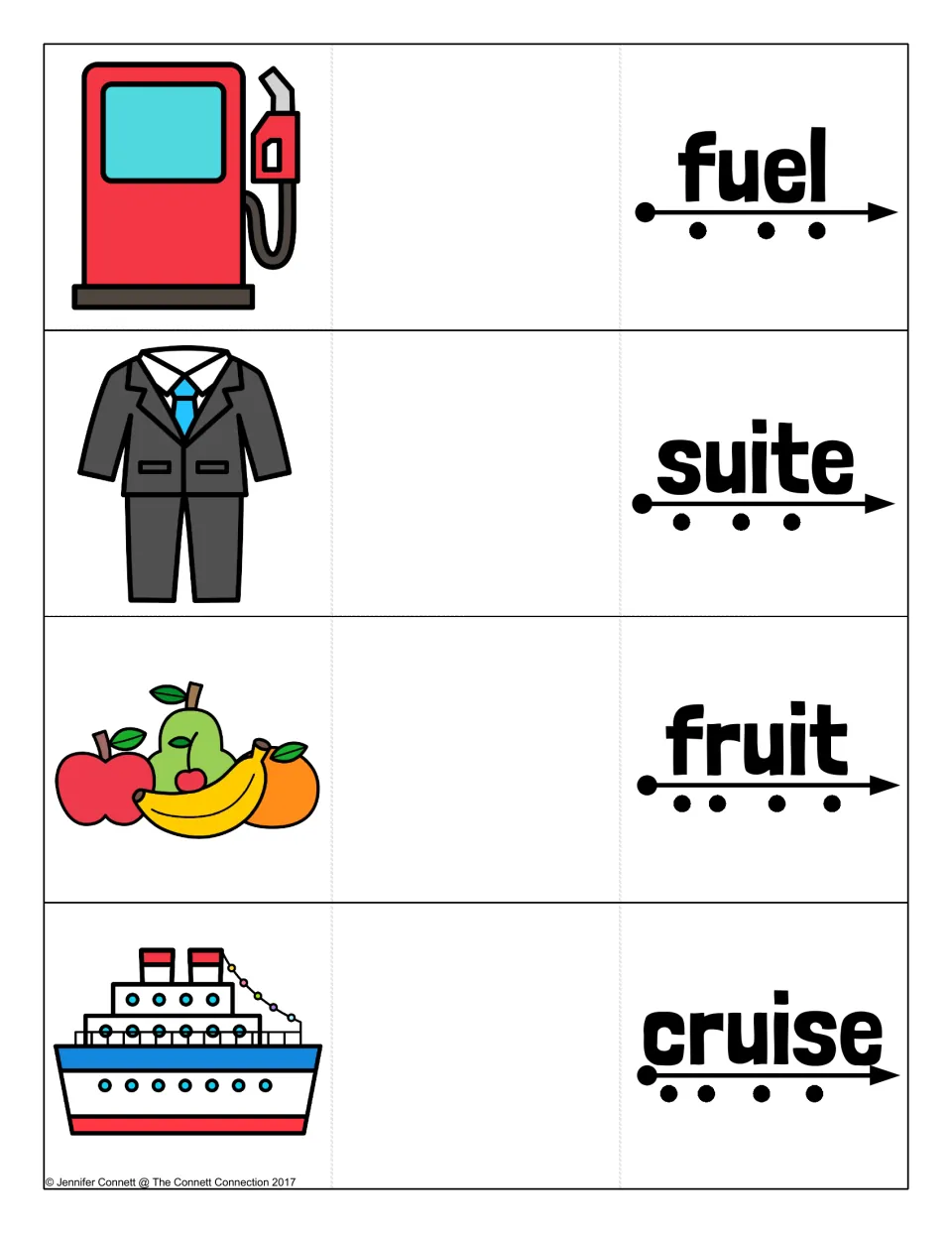Long u blending cards for fuel, suite, fruit and cruise, each word over sound dots and arrow with a matching picture