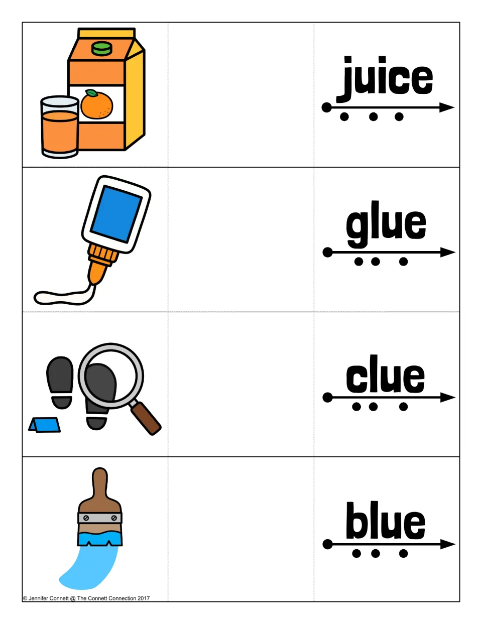 Long u ue and ui cards for juice, glue, clue and blue: students blend each word along its dots, then reveal the picture