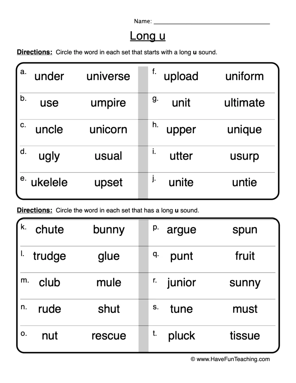 Long u practice sheet: 20 word pairs to identify long u sounds, including universe, unicorn, chute, and glue