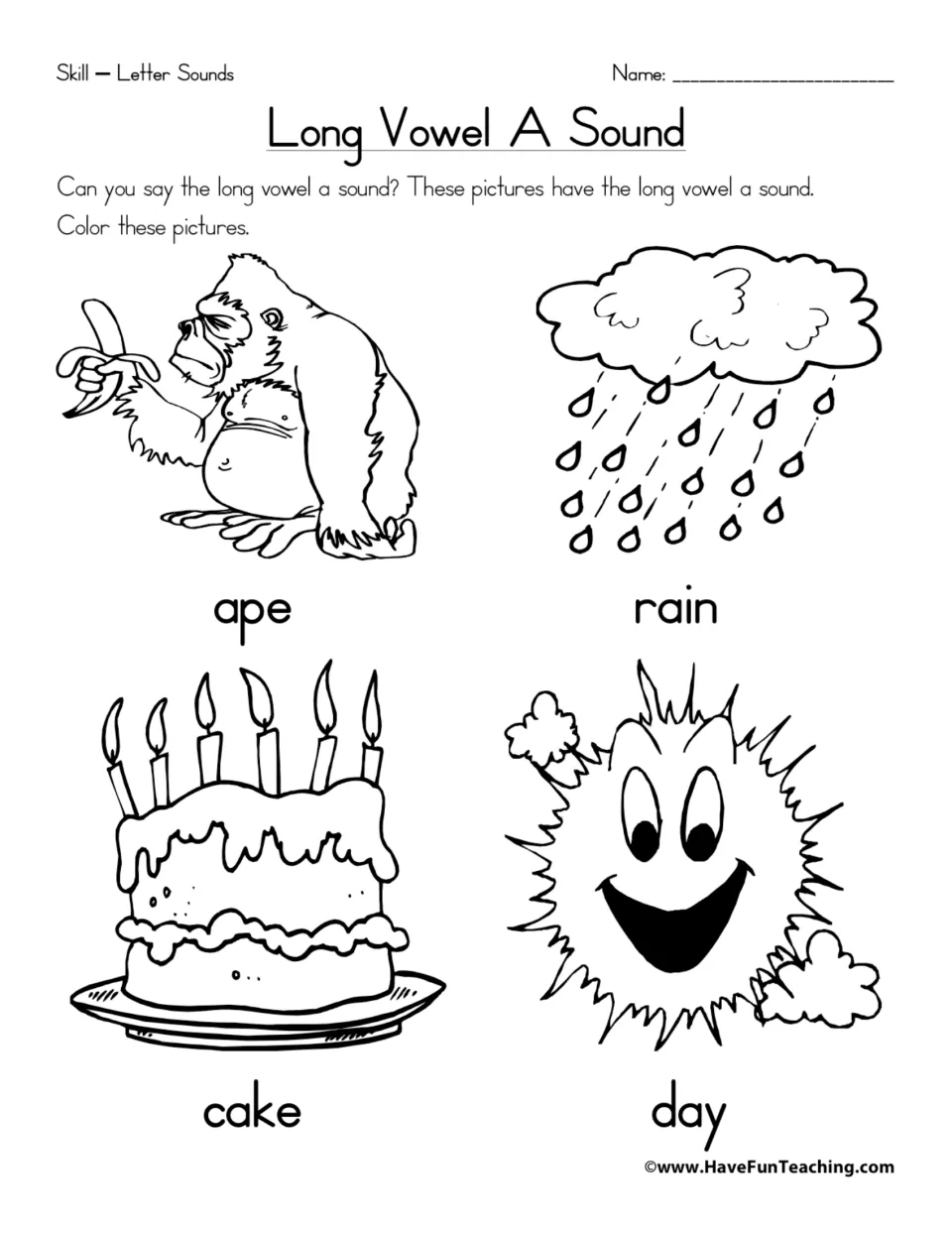 Long vowel A practice sheet: say the sound and color pictures labeled ape, rain, cake, and day.