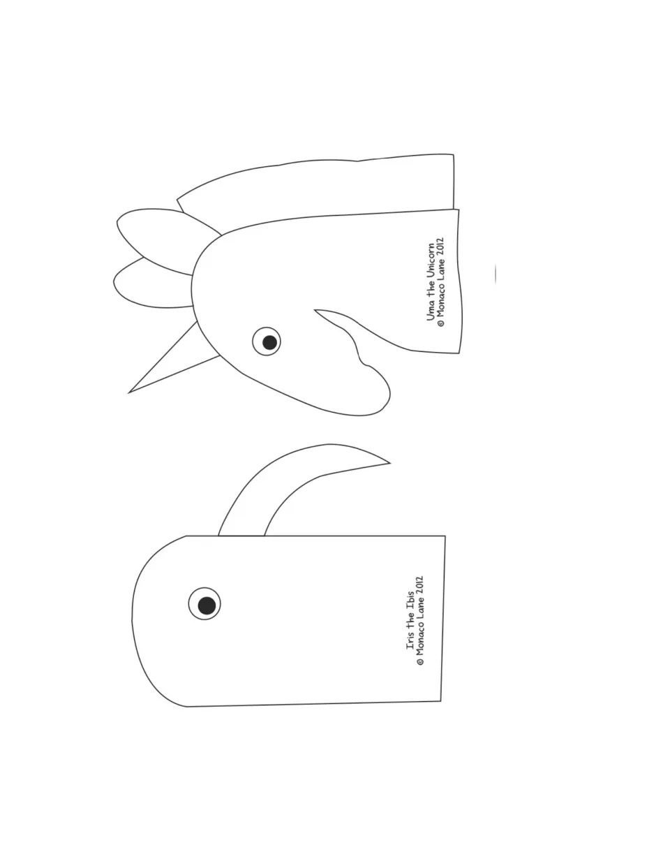 Long vowel animal puppet outlines 1–2 of 5: Iris the Ibis and Uma the Unicorn, to print and cut out.