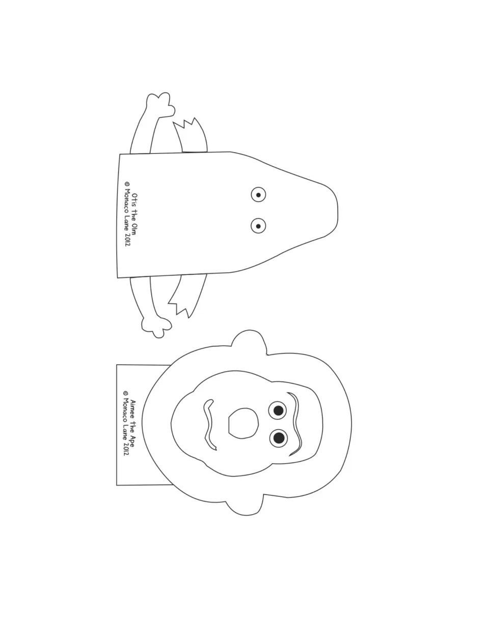 Long vowel animal puppet outlines 3–4 of 5: Otis the Olm and Aimee the Ape, to print and cut out.