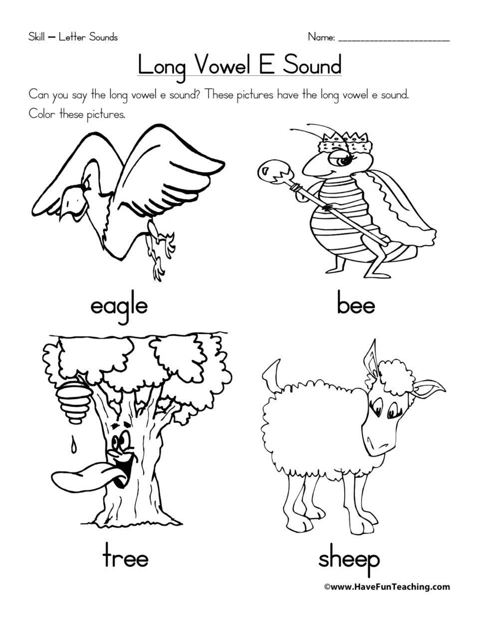 Long vowel e sound: students say and color pictures of an eagle, bee, tree and sheep to practise letter sounds
