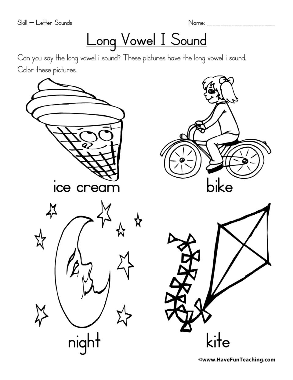 Long vowel i sound: students say it and color pictures of ice cream, a bike, the night moon and a kite
