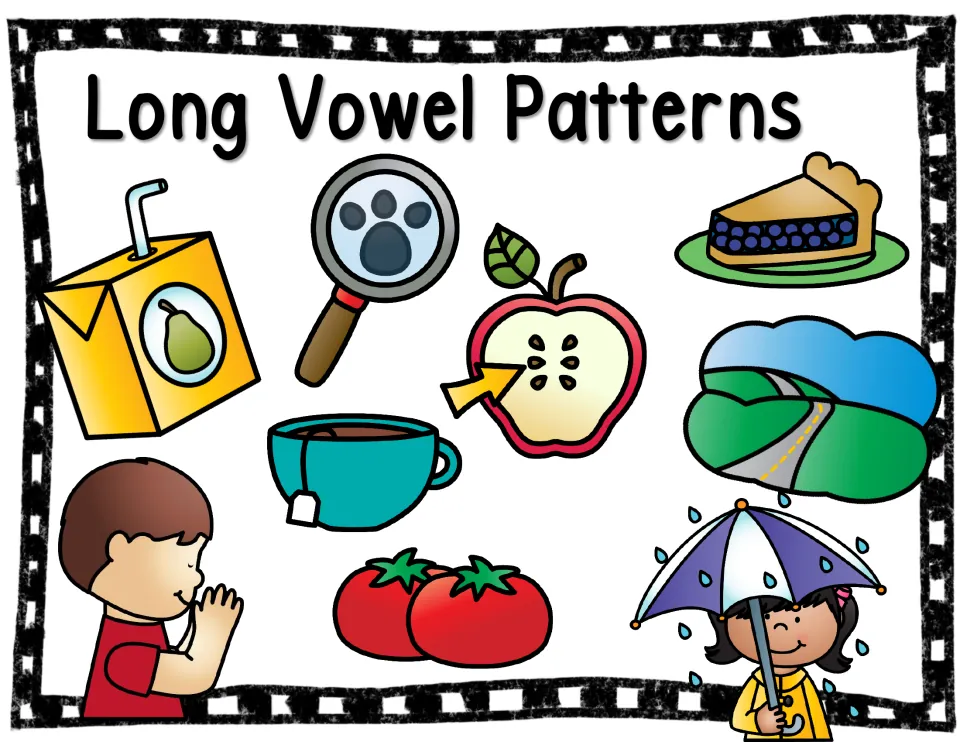 Long Vowel Patterns cover showing picture clues such as juice, clue, seed, pie, road, tea, tomatoes, pray and rain