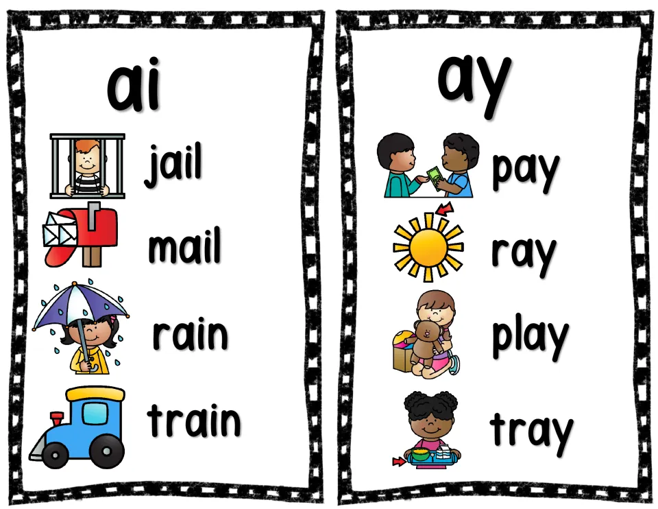 Long a spelling cards: ai with jail, mail, rain and train, and ay with pay, ray, play and tray, each beside a picture