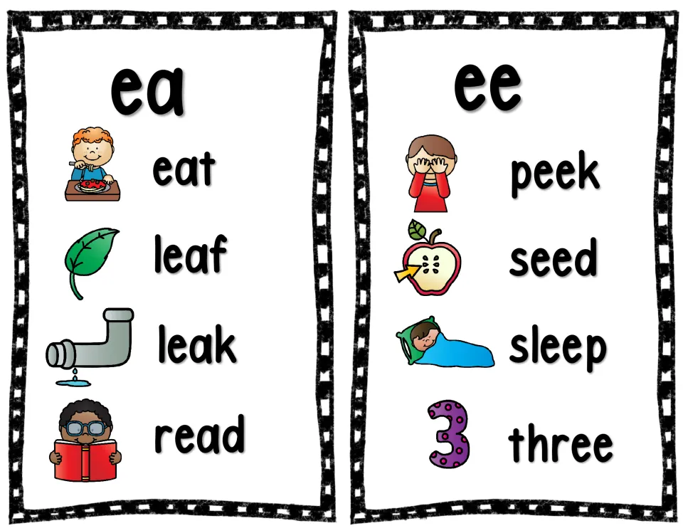 Long e spelling cards: ea with eat, leaf, leak and read, and ee with peek, seed, sleep and three, each with a picture