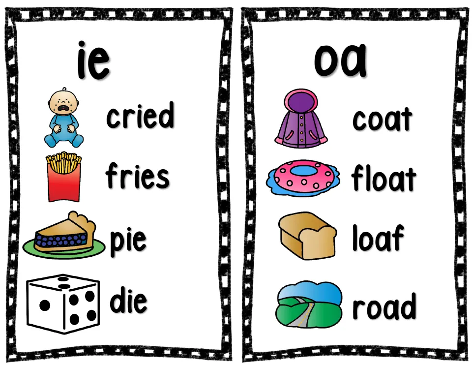 Vowel team cards: ie with cried, fries, pie and die, and oa with coat, float, loaf and road, each paired with a picture