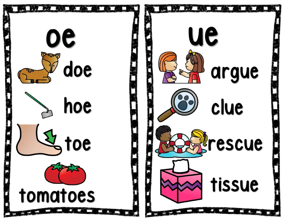 Vowel team cards: oe with doe, hoe, toe and tomatoes, and ue with argue, clue, rescue and tissue, each beside a picture