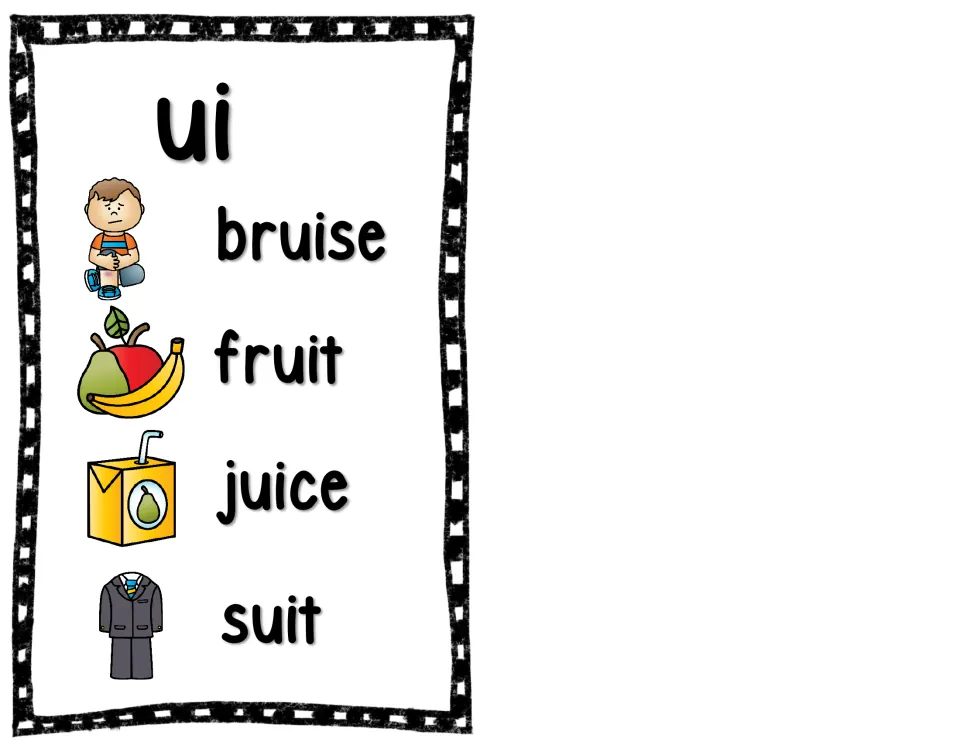Single ui vowel team card showing the words bruise, fruit, juice and suit, each next to a matching picture clue