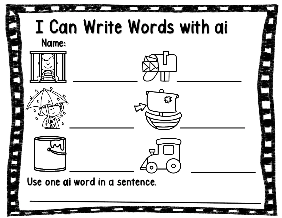 I Can Write Words with ai: students write the ai word for jail, mail, rain, sail, paint and train pictures, then a sentence