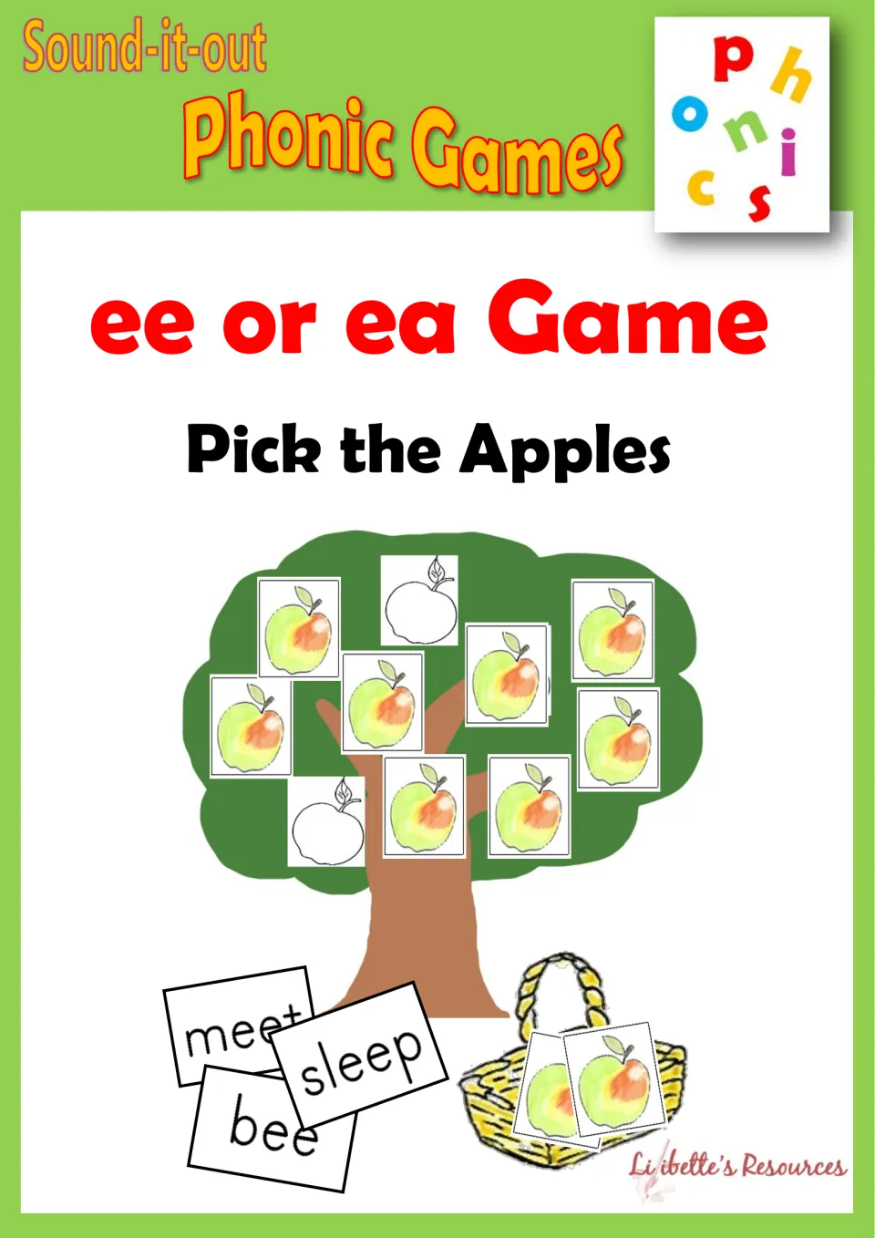 Cover for the ee or ea Pick the Apples game, showing an apple tree, basket, and meet, sleep, and bee cards