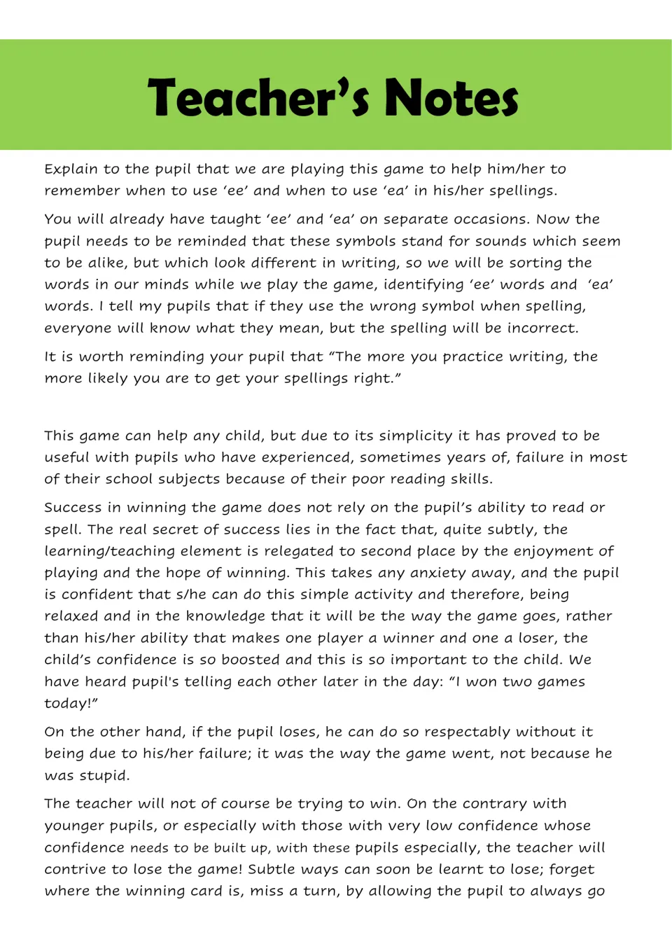 Teacher notes introduce ee and ea spelling practice and explain how game play can support student confidence