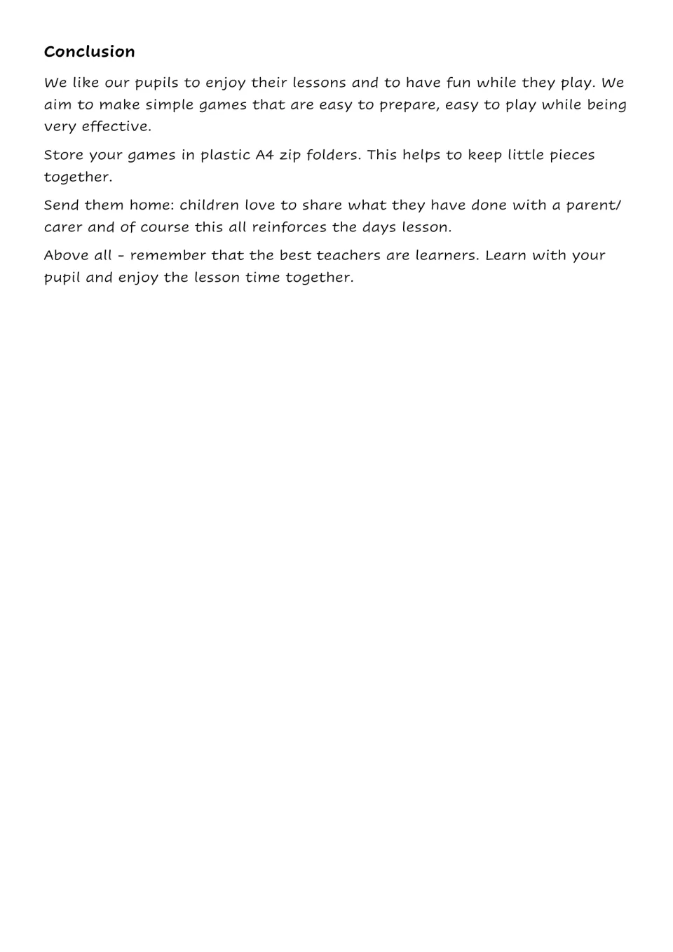 Concluding teacher notes suggest storing game pieces in zip folders and sending games home to reinforce lessons