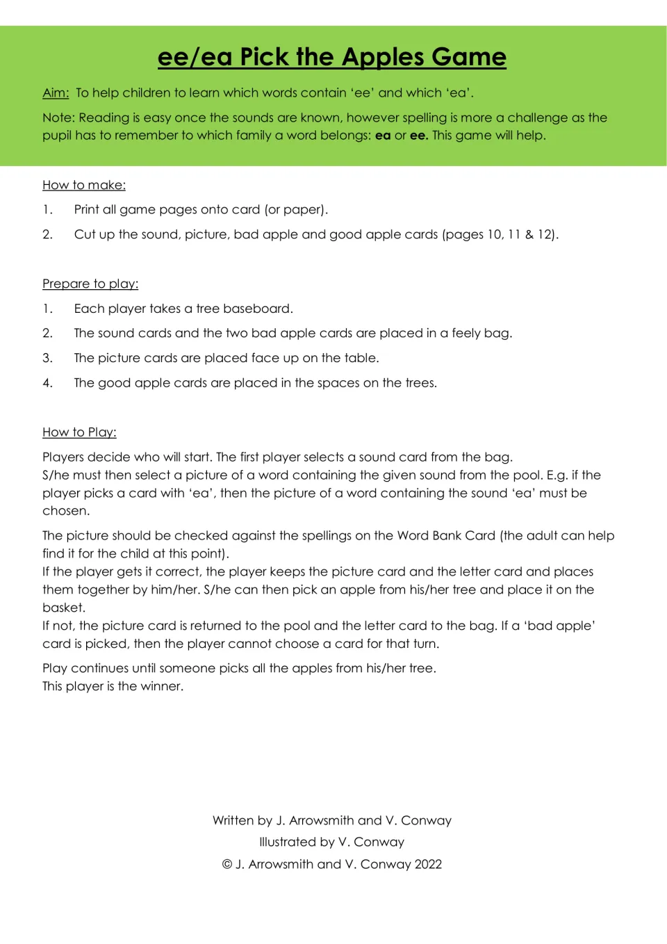 Game instructions explain matching ee or ea cards to pictures, checking spellings, and collecting apples