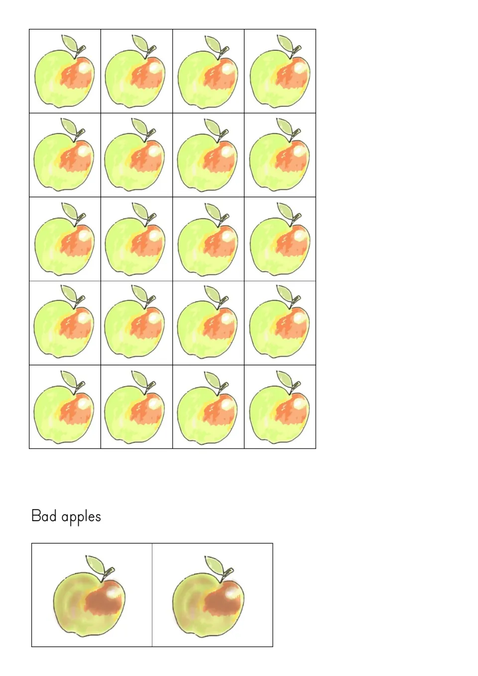 Cutout sheet supplies 20 good apple cards for the tree boards and two bad apple cards that cost a turn