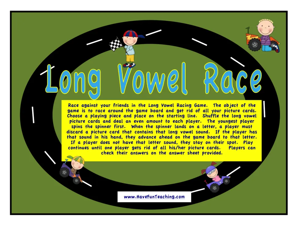 Long Vowel Race cover and directions for spinning, matching picture cards to vowel sounds, and moving ahead