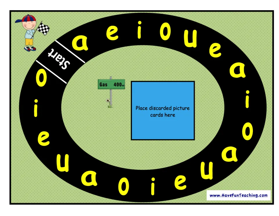 Long-vowel game board with a Start space, repeated letters a, e, i, o, u, and a place for discarded cards