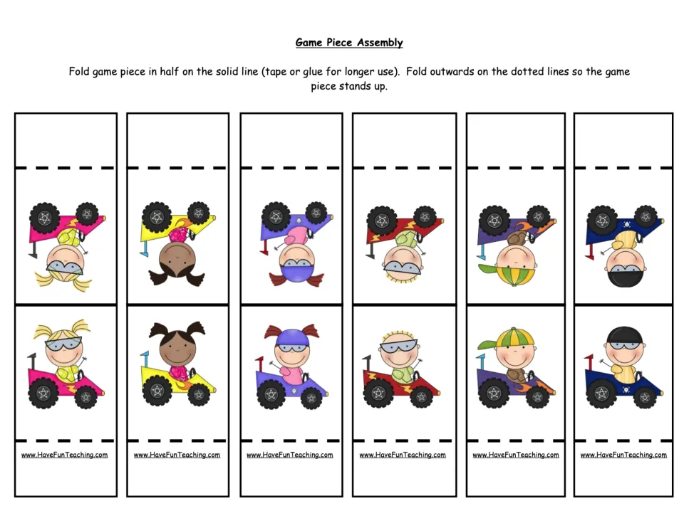Six foldable race-car playing pieces for the long-vowel game, with directions for folding them to stand