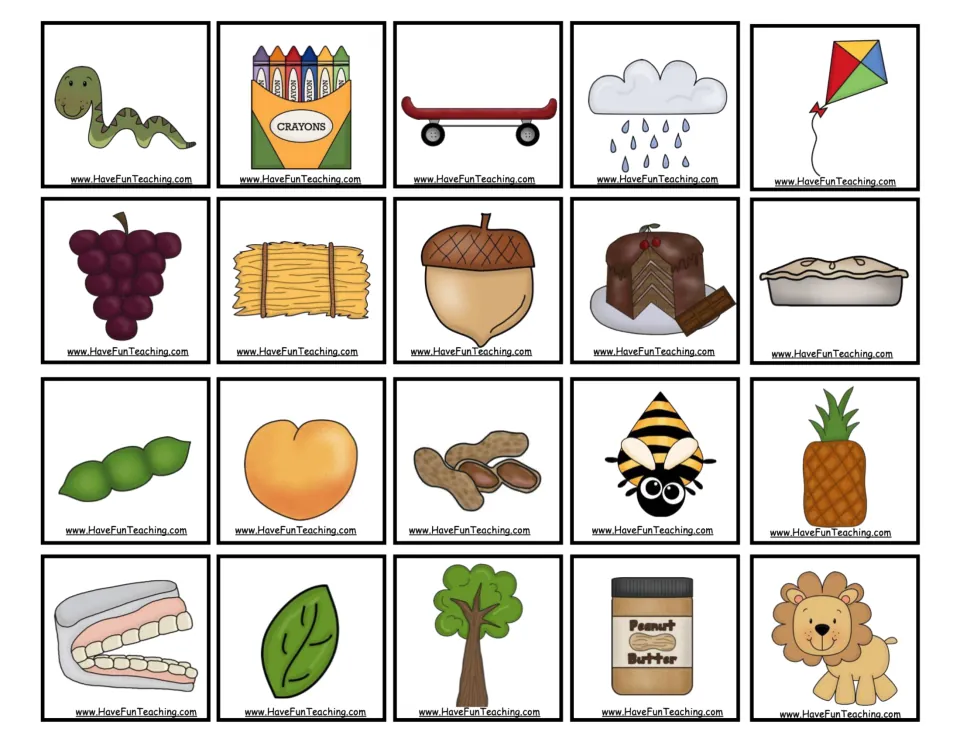 First 20 picture cards for the long-vowel game, including snake, crayons, skateboard, rain, kite, and grapes
