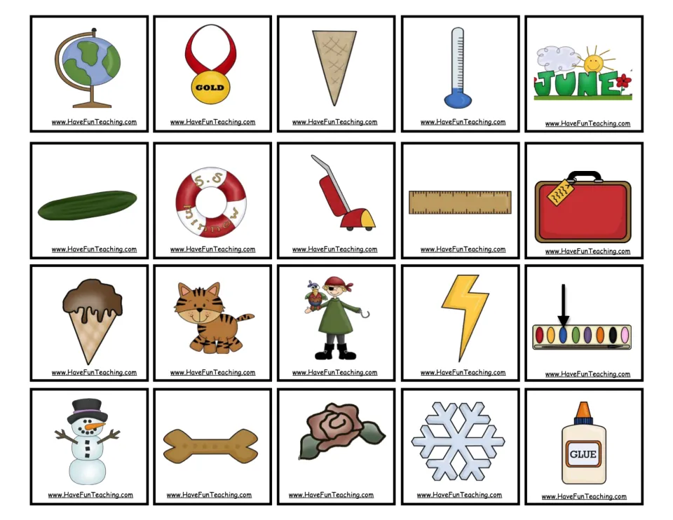 Remaining 20 picture cards for the long-vowel game, including globe, gold, cone, June, cucumber, and glue