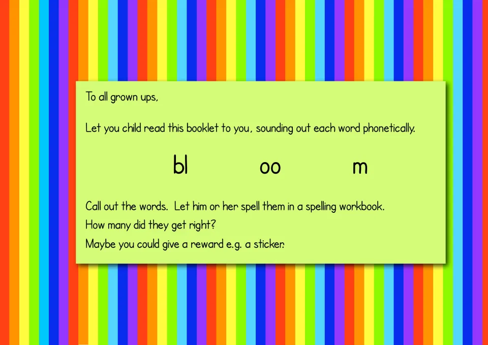 Adult guidance for the phonics story: sound out words, blend bl–oo–m, and dictate words for spelling practice