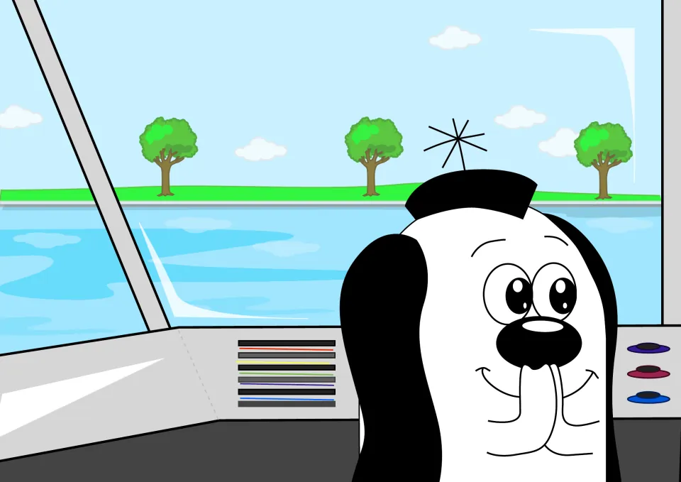 Story illustration of Zoggy inside his craft, smiling with his hands together beside a view of the water