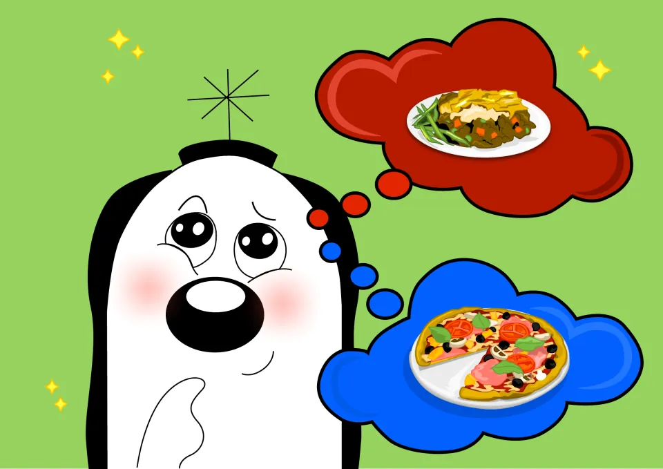 Story illustration of Zoggy imagining two meals, with shepherd's pie and pizza pictured in thought bubbles