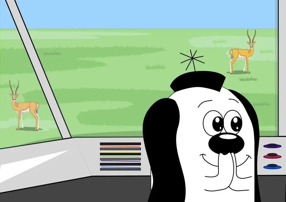 Story picture: Zoggy smiles inside a vehicle while two gazelles stand on the grassy plain outside the window