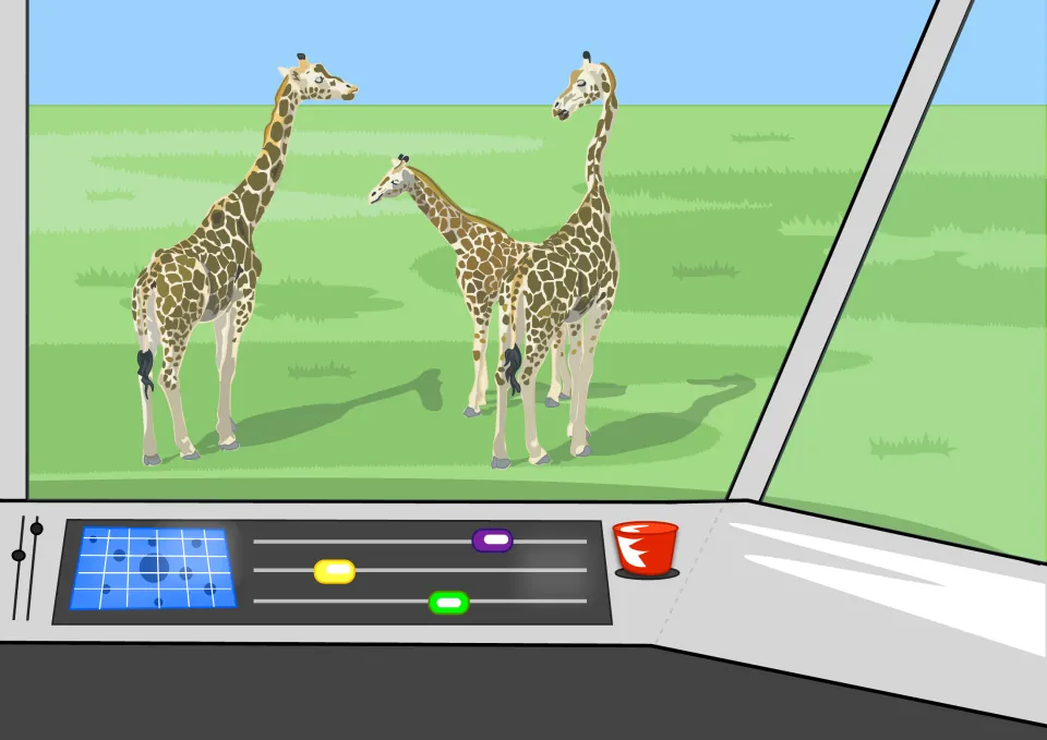 Story picture: three giraffes stand on grassland, seen through the windscreen of a vehicle with a control panel