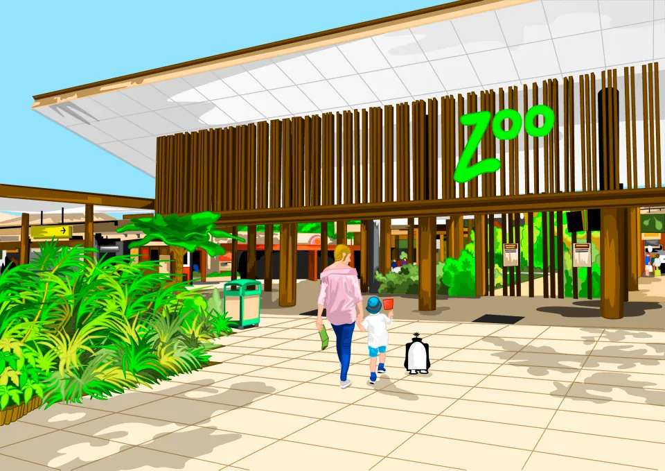 Story picture: an adult and child walk hand in hand with Zoggy toward a zoo entrance with a green Zoo sign