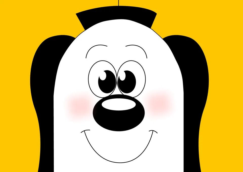 Story picture: close-up of Zoggy's smiling face with big round eyes and pink cheeks on a yellow background