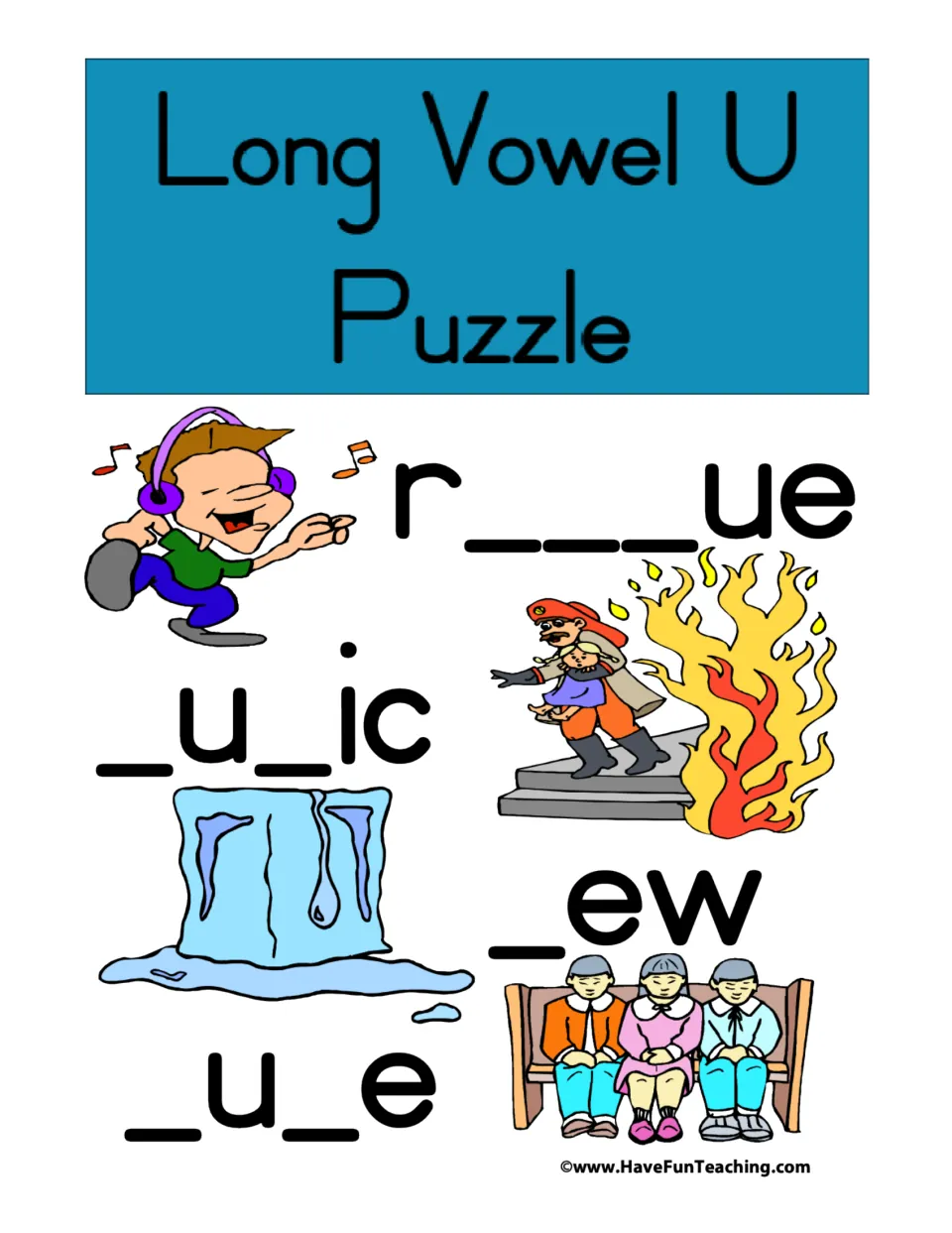 Long Vowel U Puzzle cover: picture clues for rescue, music, cube and pew beside missing-letter words like _u_ic and _ew