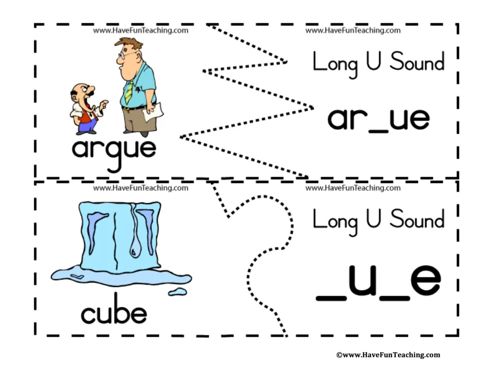 Long u sound puzzles: students cut two pairs and match argue and cube pictures to the missing-letter words ar_ue and _u_e