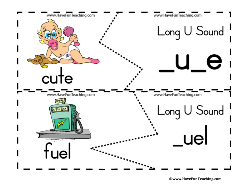 Long u puzzles: a crawling baby labeled cute matches _u_e, and a gas pump labeled fuel matches _uel, after cutting apart