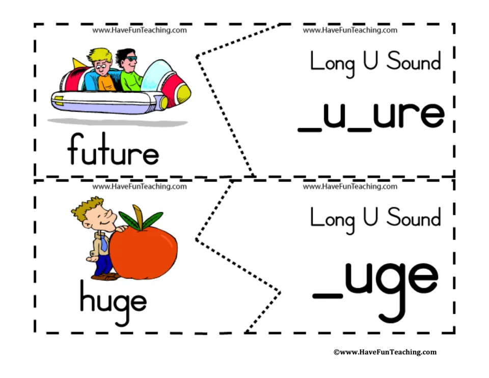 Long u word puzzles: students match a spaceship labeled future to _u_ure and a boy with a giant fruit labeled huge to _uge