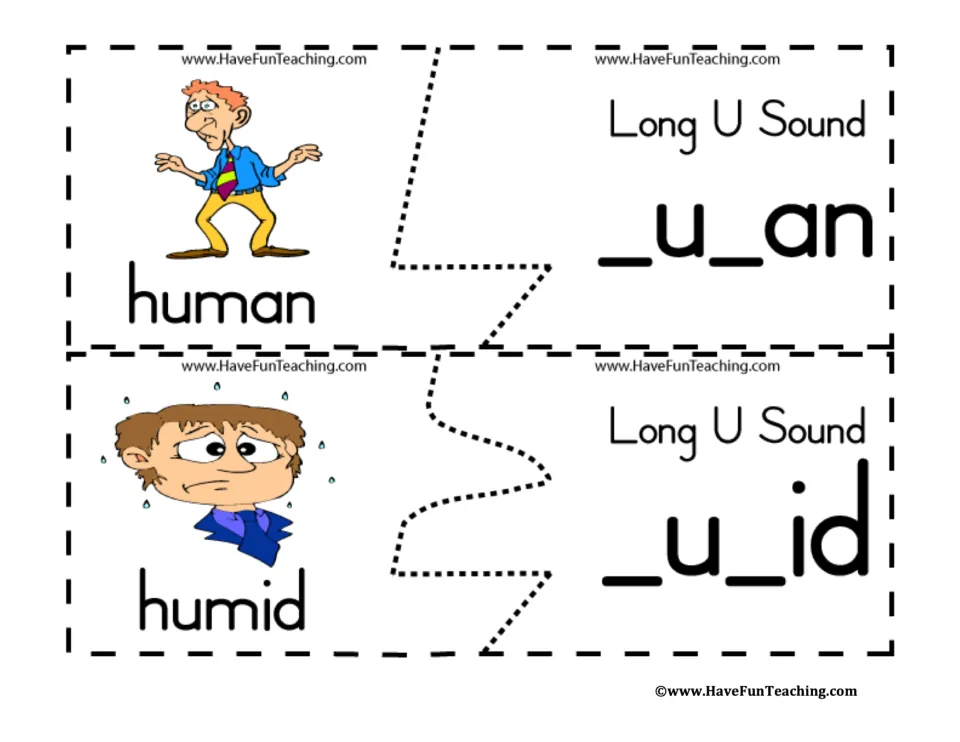 Long u puzzles for human and humid: students fit each picture half to its missing-letter half, _u_an or _u_id, to spell it