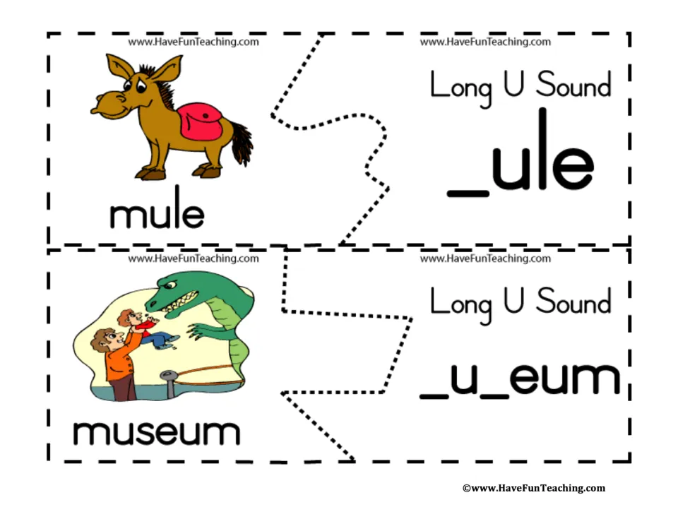 Long u puzzle pairs for mule and museum: a donkey picture joins _ule and a dinosaur exhibit picture joins _u_eum
